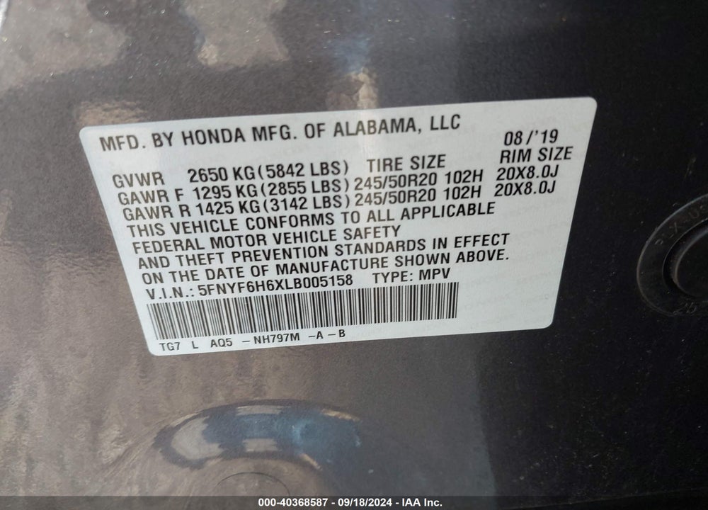 2020 HONDA PILOT AWD TOURING 7 PASSENGER VIN: 5FNYF6H6XLB005158
