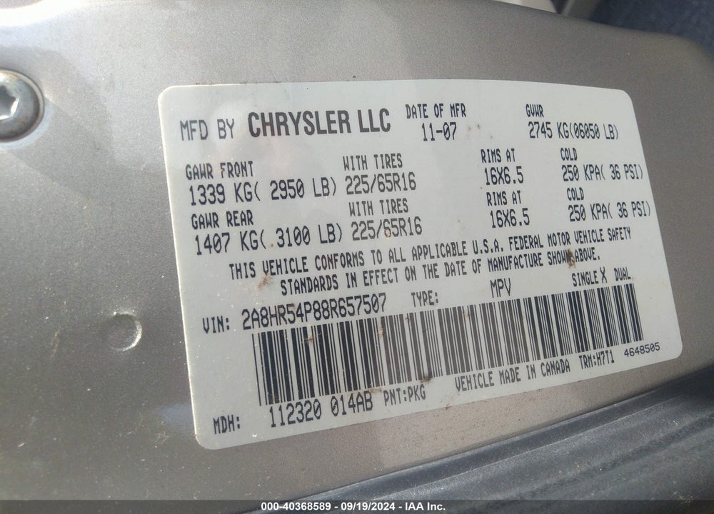 2008 CHRYSLER TOWN & COUNTRY TOURING VIN: 2A8HR54P88R657507