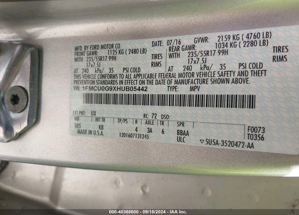 2017 FORD ESCAPE SE VIN: 1FMCU0G9XHUB05442