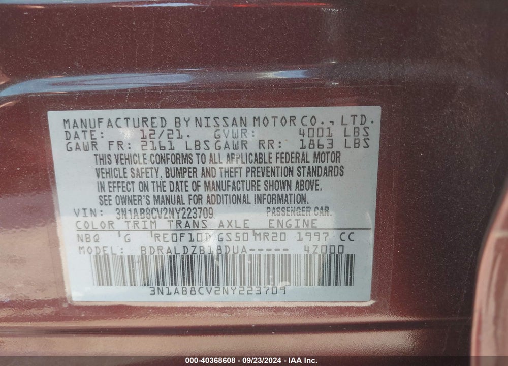 2022 NISSAN SENTRA SV XTRONIC CVT VIN: 3N1AB8CV2NY223709