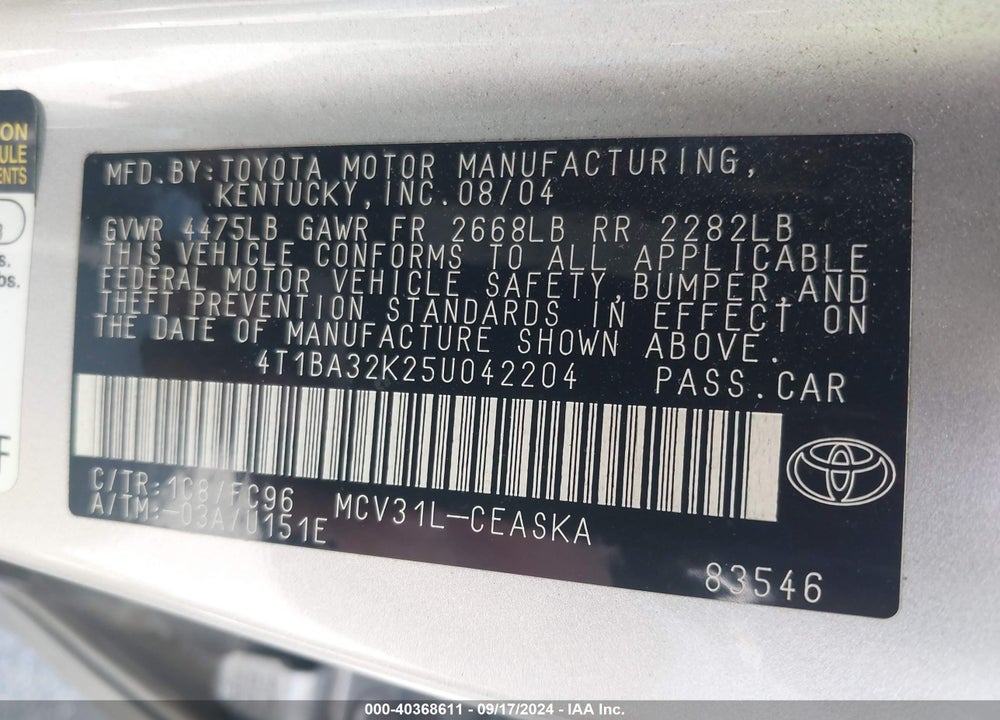 2005 TOYOTA CAMRY SE V6 VIN: 4T1BA32K25U042204