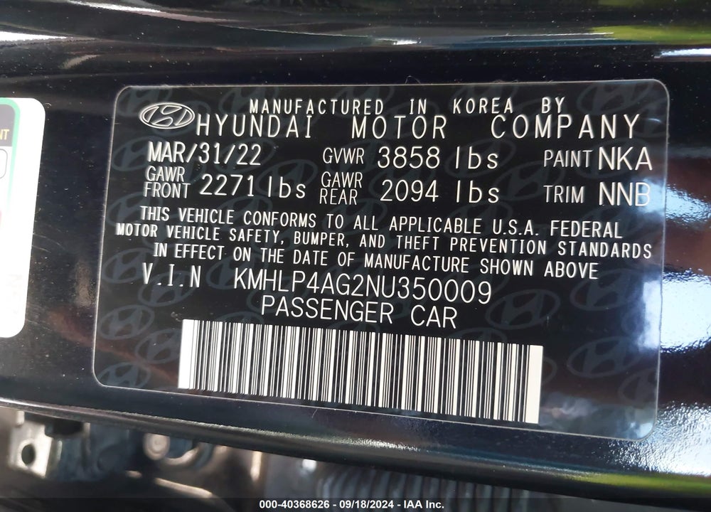 2022 HYUNDAI ELANTRA LIMITED VIN: KMHLP4AG2NU350009