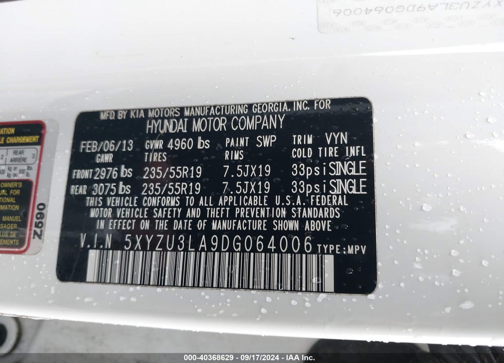 2013 HYUNDAI SANTA FE SPORT 2.0T VIN: 5XYZU3LA9DG064006