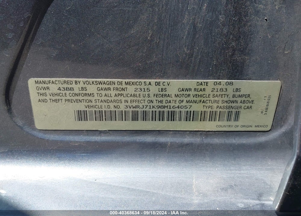 2008 VOLKSWAGEN JETTA WOLFSBURG EDITION VIN: 3VWRJ71K98M164057