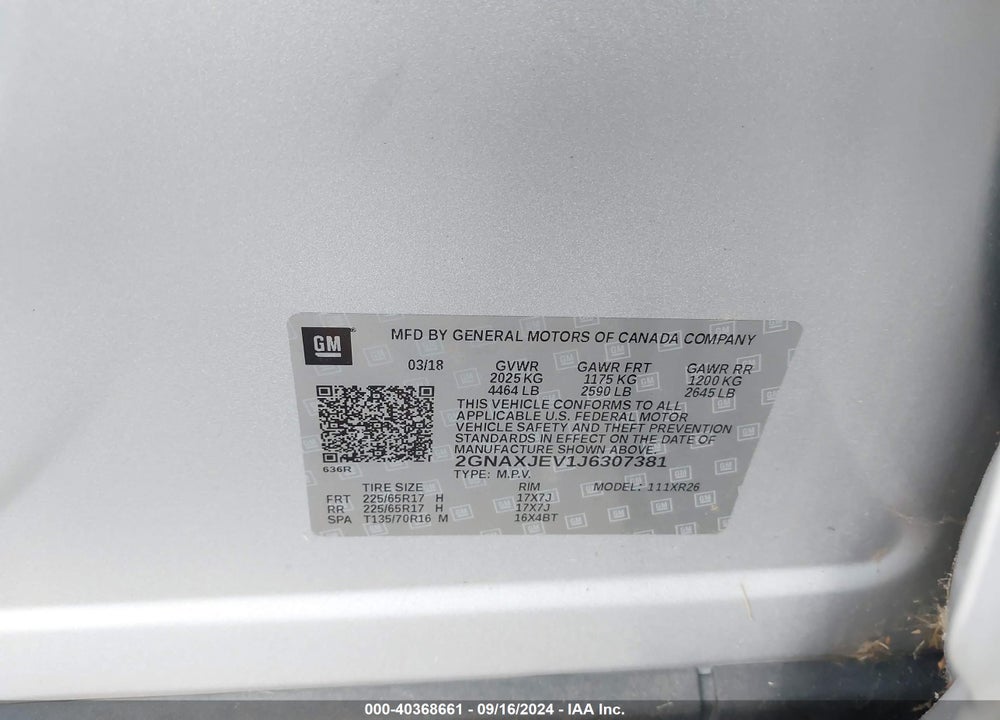 2018 CHEVROLET EQUINOX LT VIN: 2GNAXJEV1J6307381