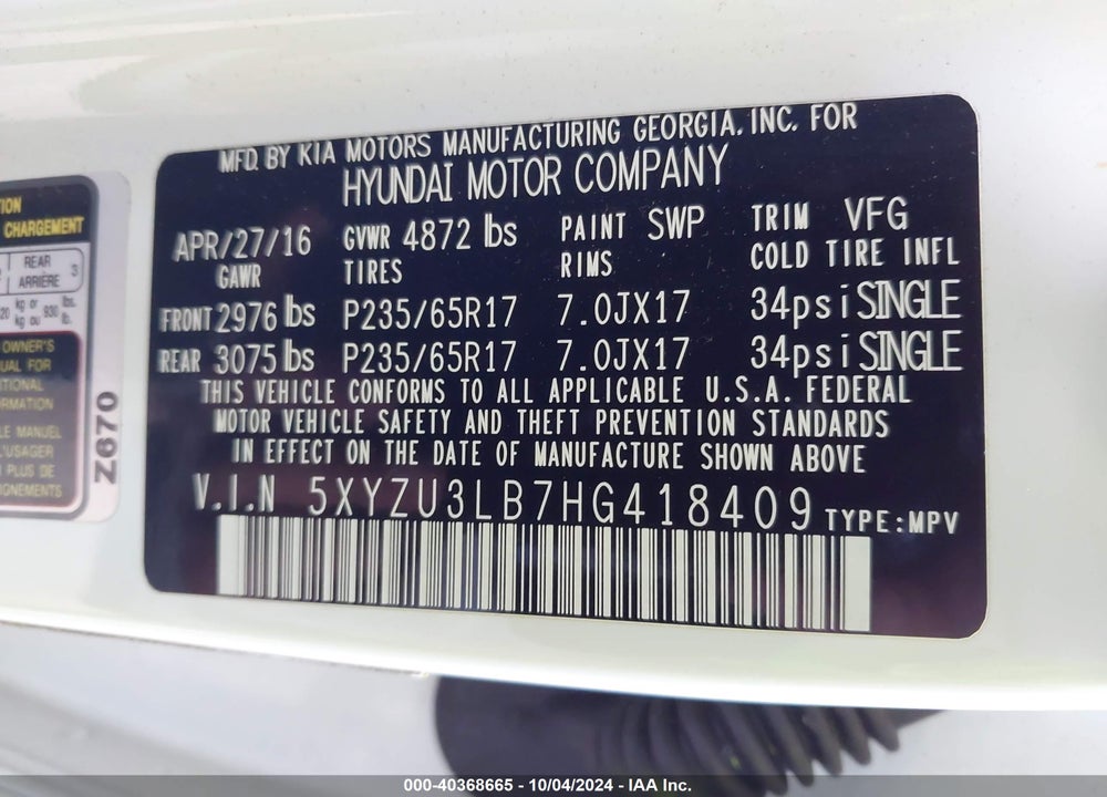 2017 HYUNDAI SANTA FE SPORT 2.4L VIN: 5XYZU3LB7HG418409