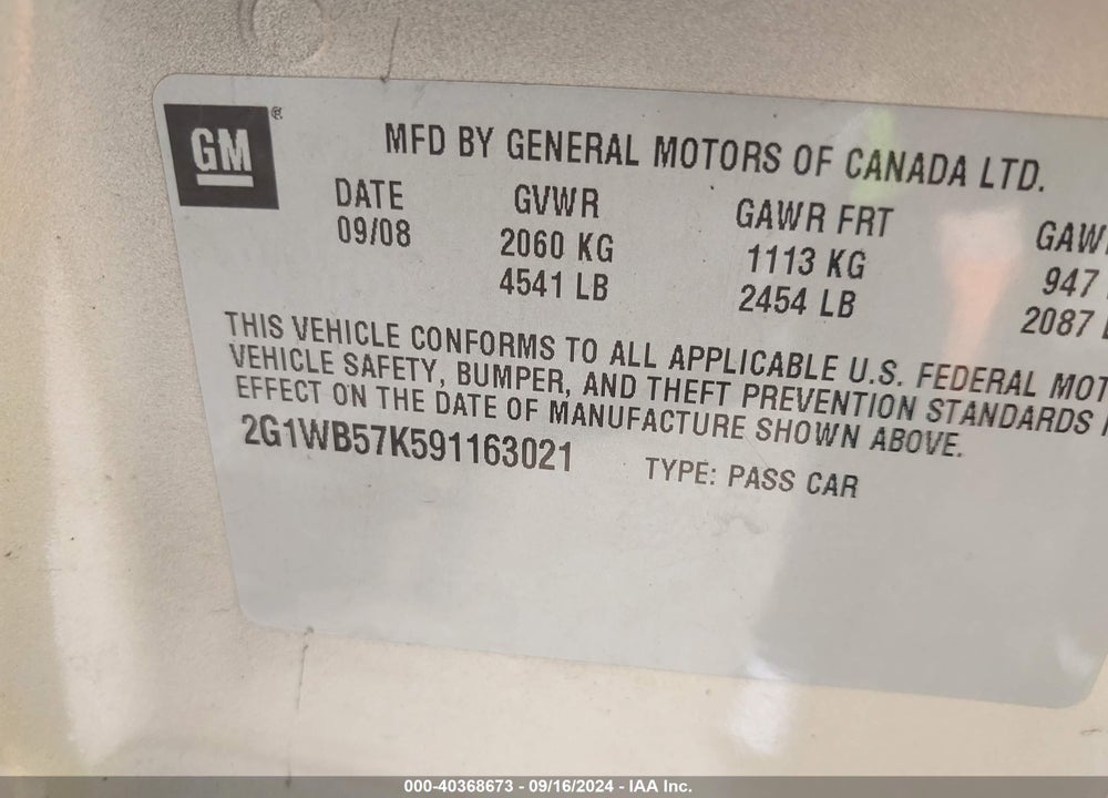 2009 CHEVROLET IMPALA LS VIN: 2G1WB57K591163021