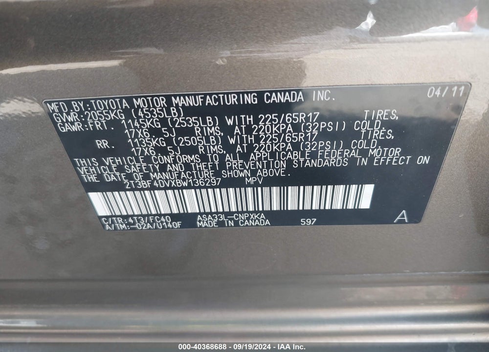 2011 TOYOTA RAV4 VIN: 2T3BF4DVXBW136297