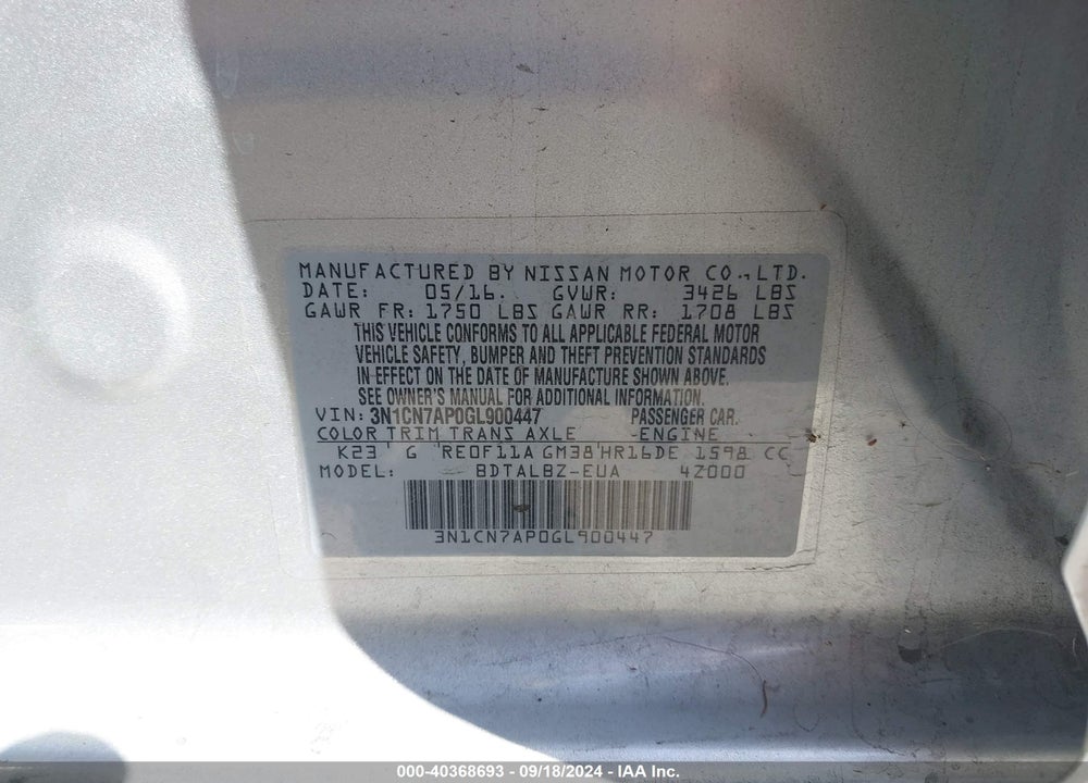2016 NISSAN VERSA 1.6 SV VIN: 3N1CN7AP0GL900447