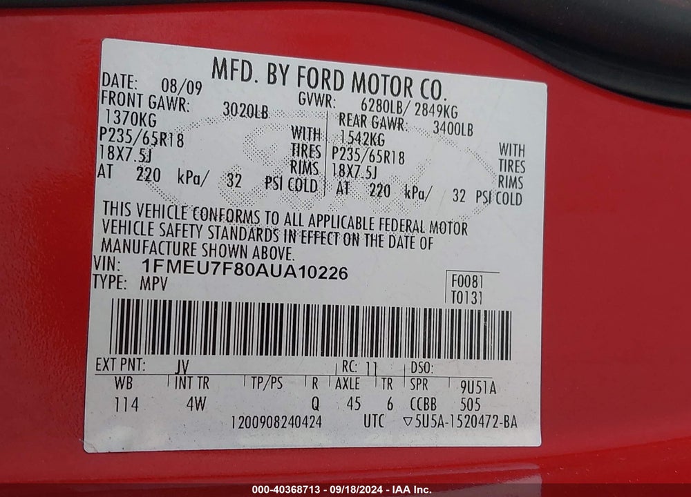 2010 FORD EXPLORER LIMITED VIN: 1FMEU7F80AUA10226