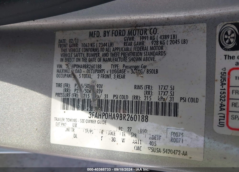 2011 FORD FUSION SE VIN: 3FAHP0HA9BR260188