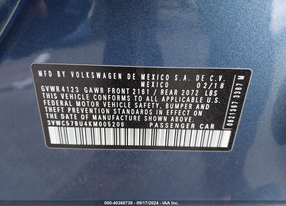 2019 VOLKSWAGEN JETTA 1.4T R-LINE/1.4T S/1.4T SE VIN: 3VWC57BU4KM005206