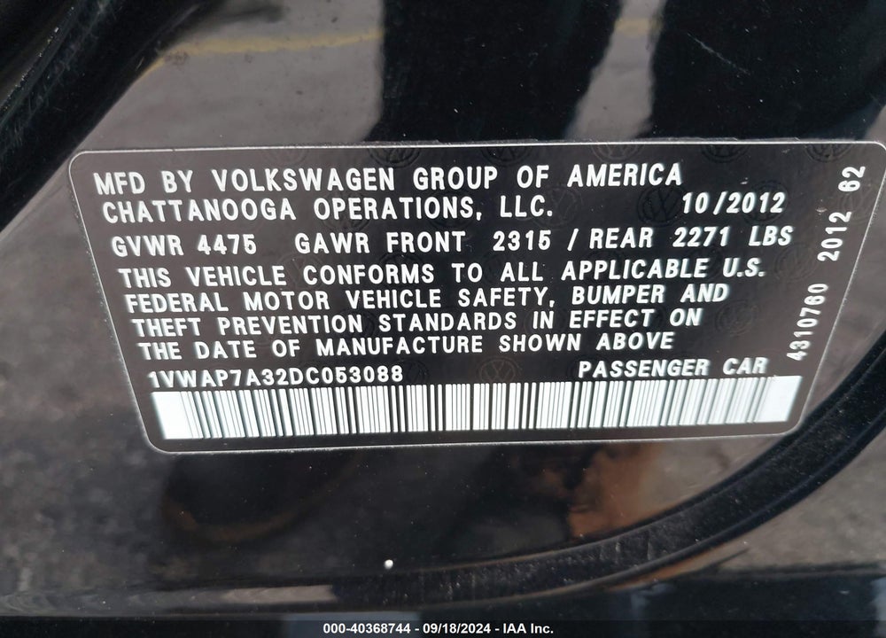 2013 VOLKSWAGEN PASSAT 2.5L S VIN: 1VWAP7A32DC053088