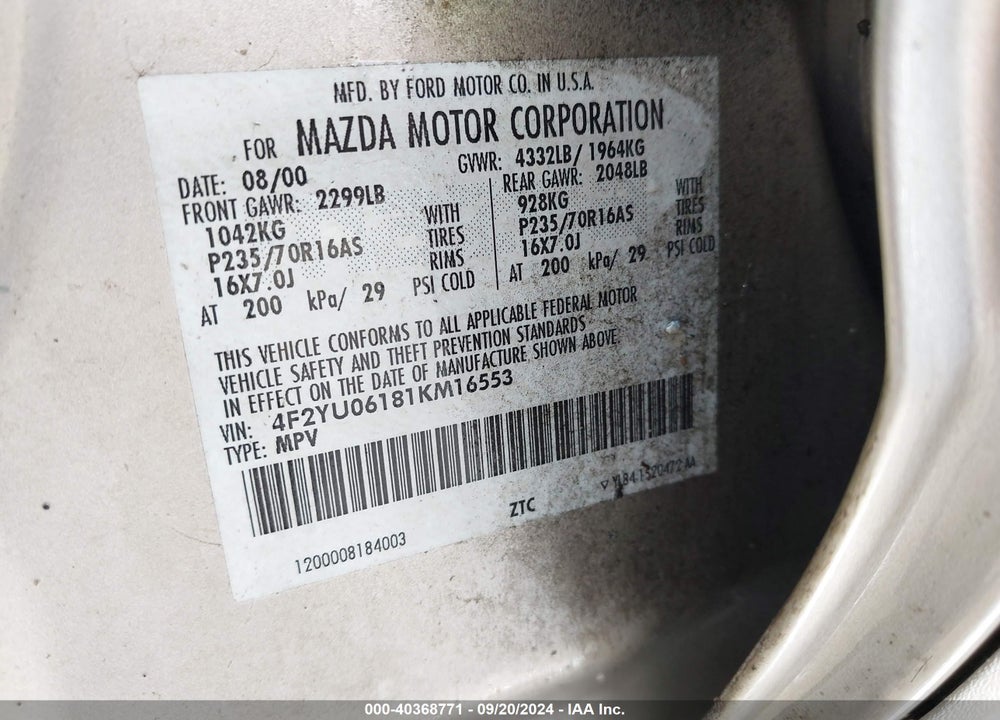 2001 MAZDA TRIBUTE DX V6 VIN: 4F2YU06181KM16553