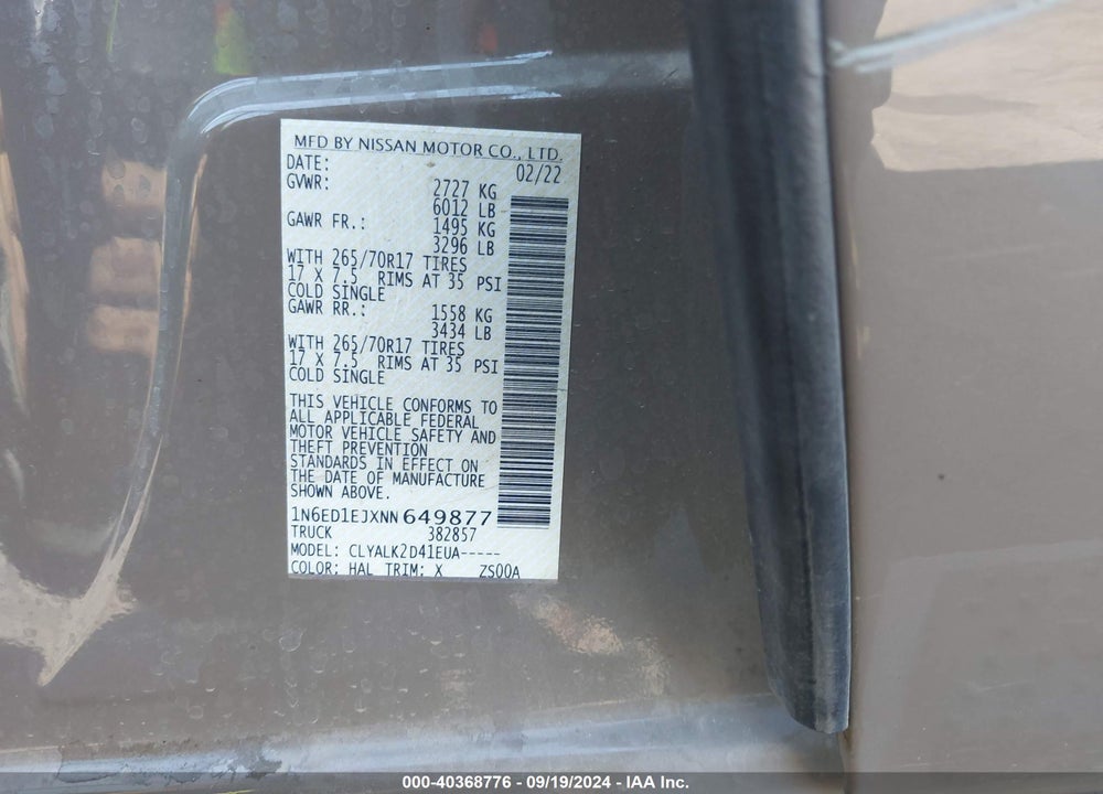 2022 NISSAN FRONTIER PRO-X 4X2 VIN: 1N6ED1EJXNN649877