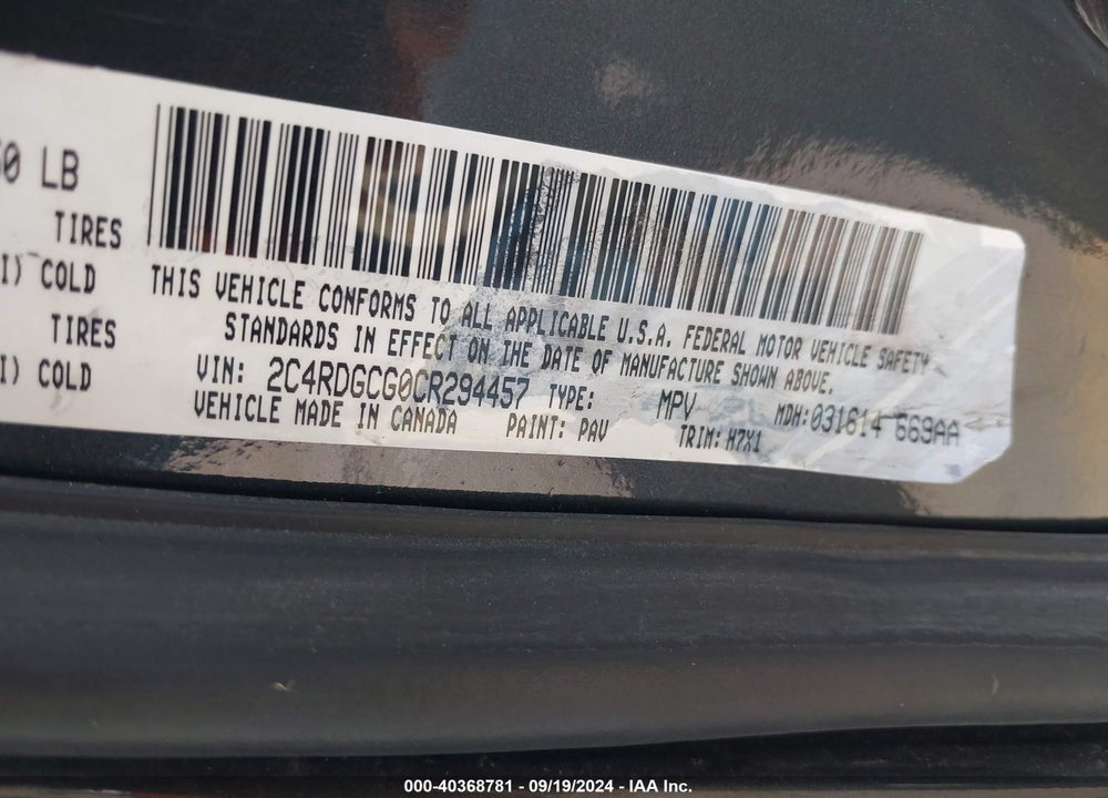 2012 DODGE GRAND CARAVAN SXT VIN: 2C4RDGCG0CR294457