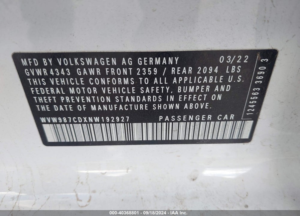 2022 VOLKSWAGEN GOLF GTI 2.0T SE VIN: WVW987CDXNW192927