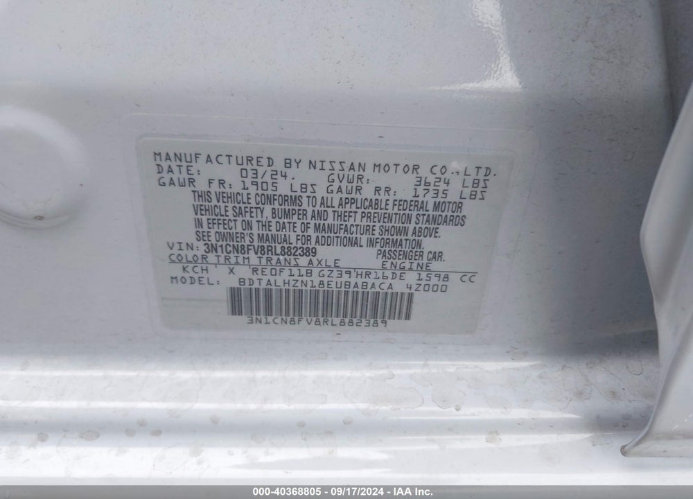 2024 NISSAN VERSA 1.6 SR VIN: 3N1CN8FV8RL882389