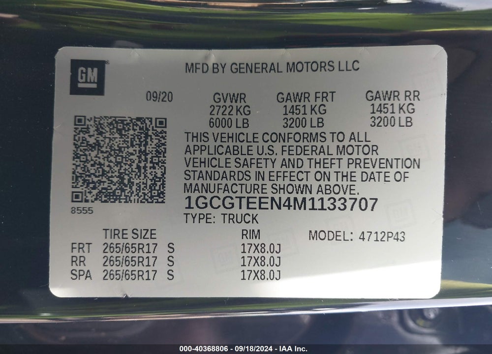 2021 CHEVROLET COLORADO 4WD SHORT BOX ZR2 VIN: 1GCGTEEN4M1133707