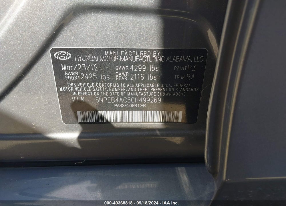 2012 HYUNDAI SONATA GLS VIN: 5NPEB4AC5CH499269