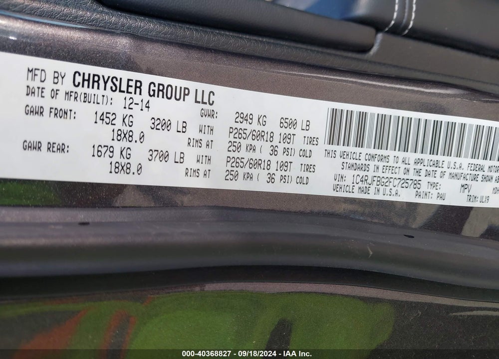 2015 JEEP GRAND CHEROKEE VIN: 1C4RJFBG2FC725785