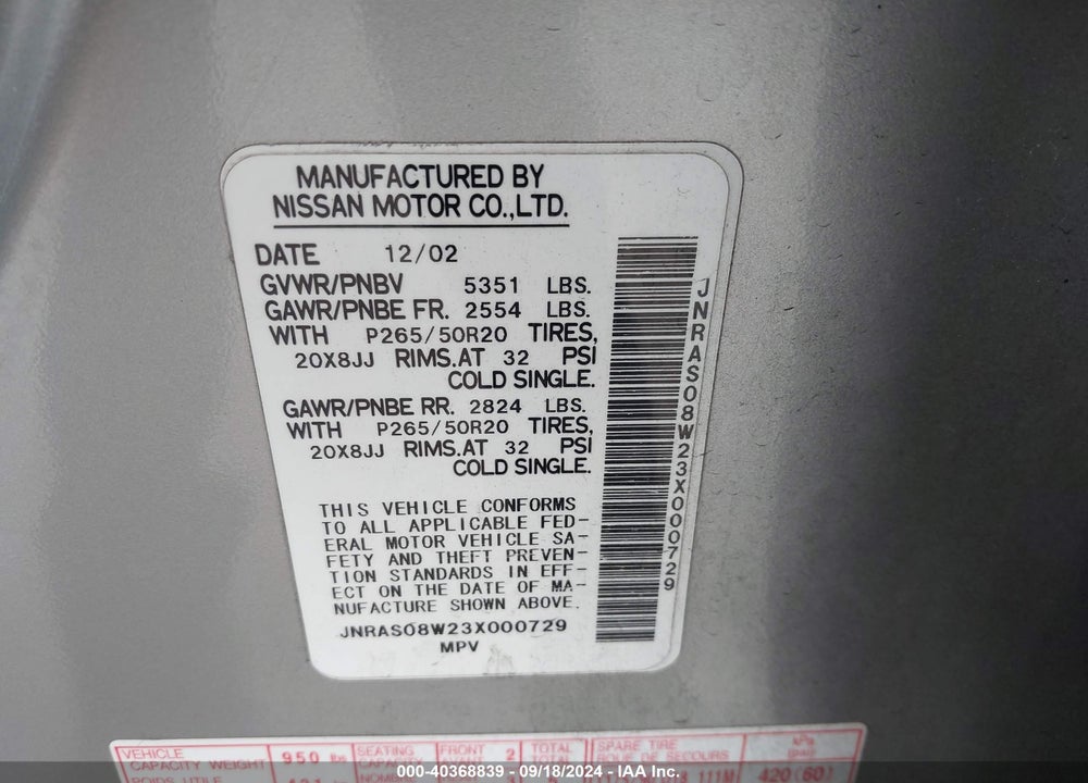2003 INFINITI FX35 VIN: JNRAS08W23X000729