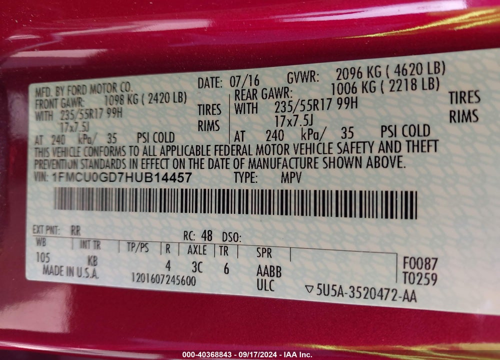 2017 FORD ESCAPE SE VIN: 1FMCU0GD7HUB14457