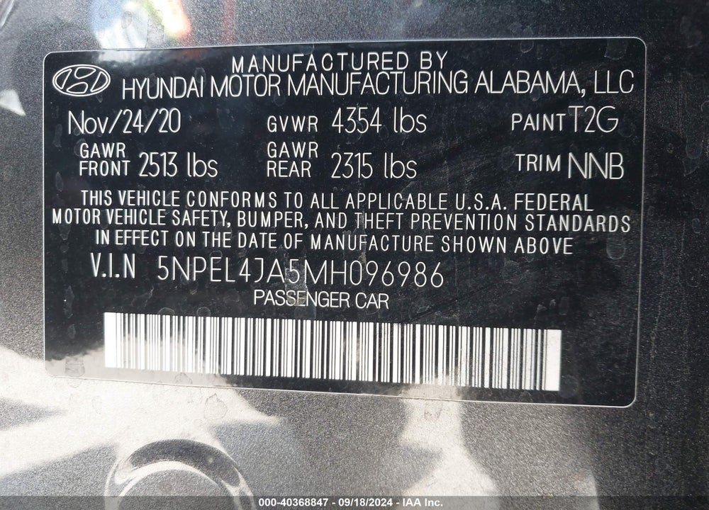 2021 HYUNDAI SONATA SEL VIN: 5NPEL4JA5MH096986