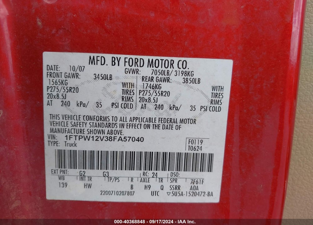 2008 FORD F-150 60TH ANNIVERSARY/FX2/KING RANCH/LARIAT/XLT VIN: 1FTPW12V38FA57040