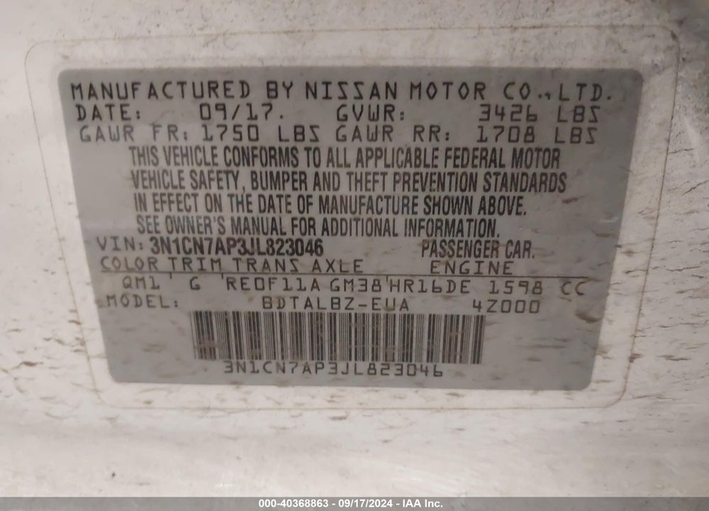 2018 NISSAN VERSA 1.6 SV VIN: 3N1CN7AP3JL823046