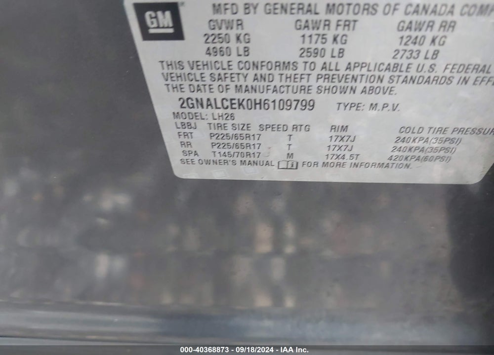 2017 CHEVROLET EQUINOX LT VIN: 2GNALCEK0H6109799