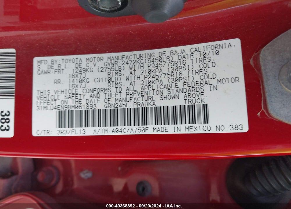 2011 TOYOTA TACOMA BASE V6 VIN: 3TMLU4EN9BM061893