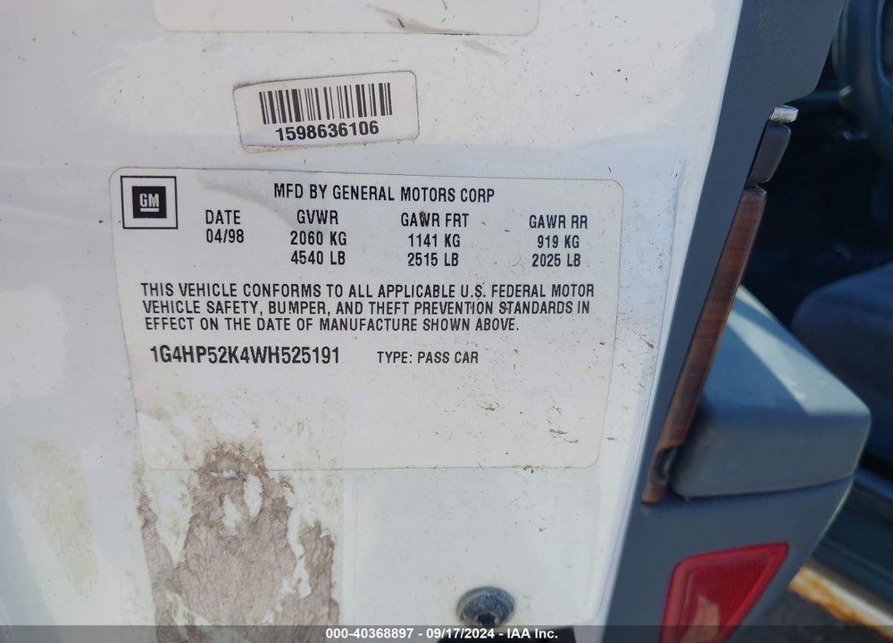 1998 BUICK LESABRE CUSTOM VIN: 1G4HP52K4WH525191