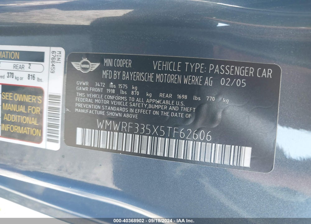 2005 MINI COOPER VIN: WMWRF335X5TF62606