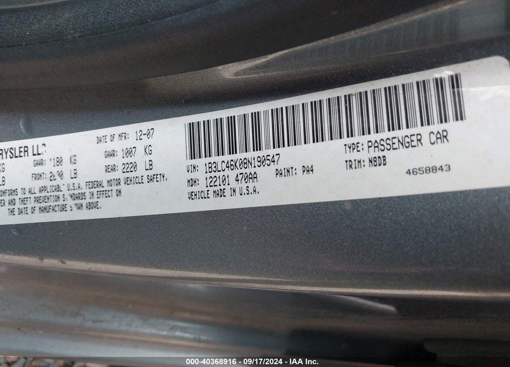 2008 DODGE AVENGER SE VIN: 1B3LC46K08N190547