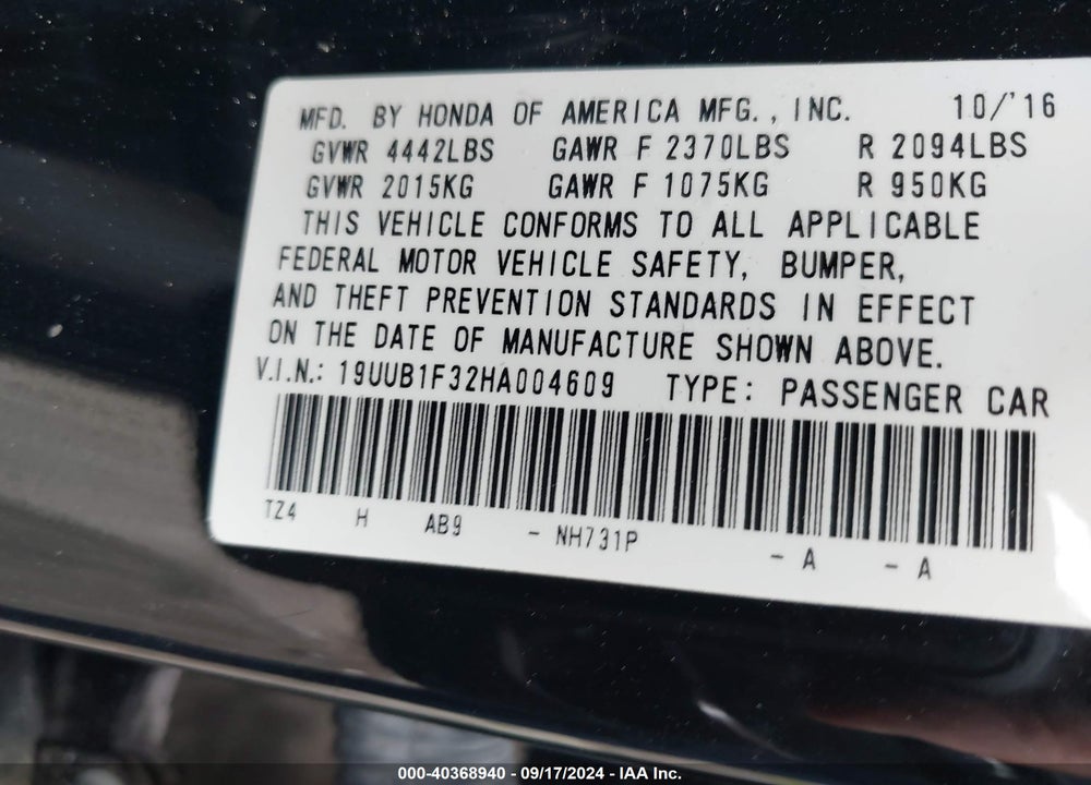 2017 ACURA TLX VIN: 19UUB1F32HA004609