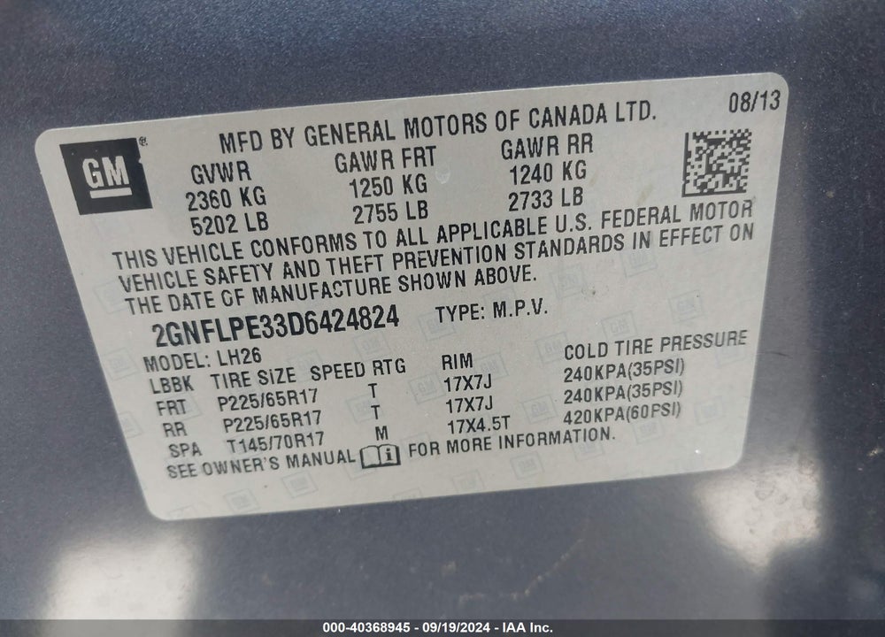2013 CHEVROLET EQUINOX 2LT VIN: 2GNFLPE33D6424824