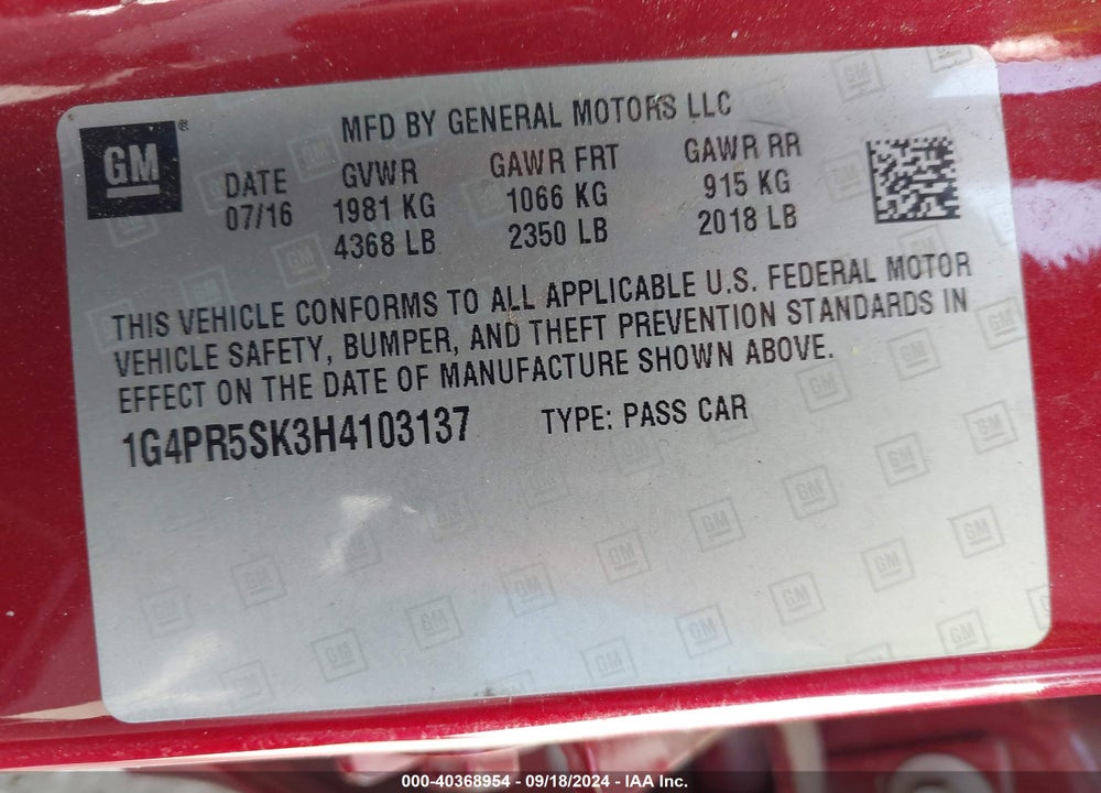 2017 BUICK VERANO SPORT TOURING VIN: 1G4PR5SK3H4103137