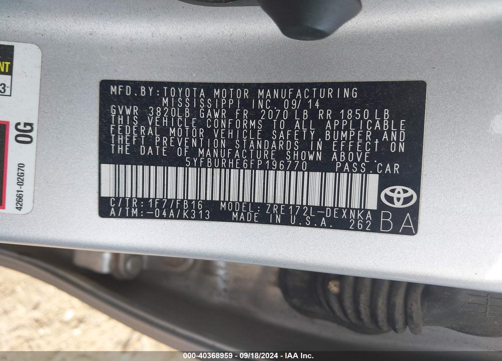 2015 TOYOTA COROLLA LE VIN: 5YFBURHE6FP196770