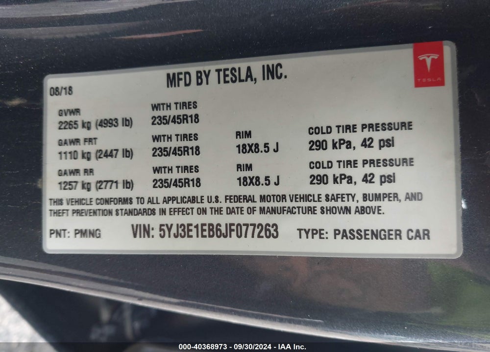 2018 TESLA MODEL 3 LONG RANGE/PERFORMANCE VIN: 5YJ3E1EB6JF077263