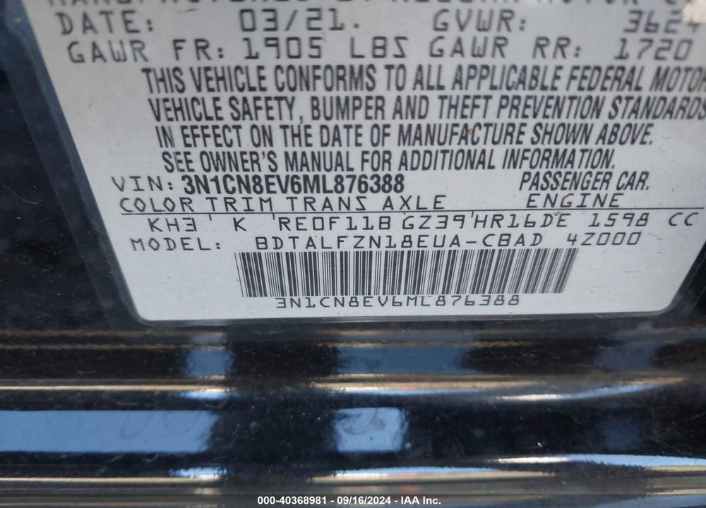 2021 NISSAN VERSA SV XTRONIC CVT VIN: 3N1CN8EV6ML876388