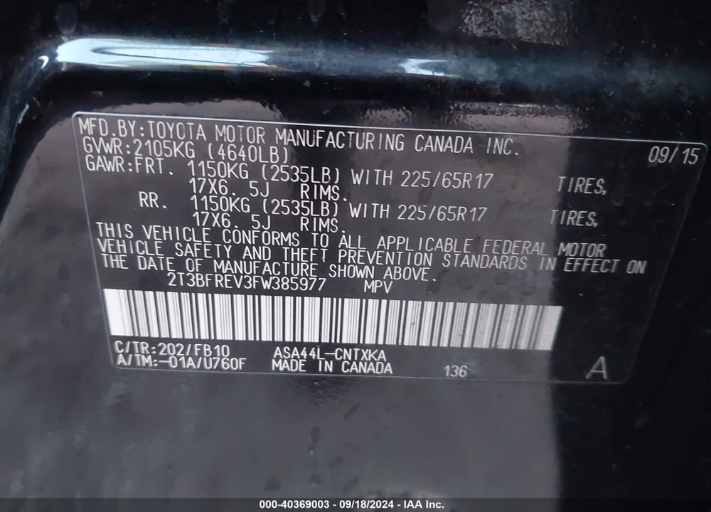 2015 TOYOTA RAV4 LE VIN: 2T3BFREV3FW385977