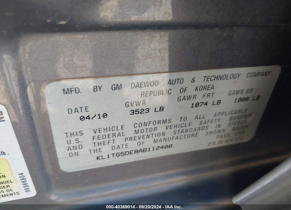 2010 CHEVROLET AVEO LT VIN: KL1TG5DE8AB112408
