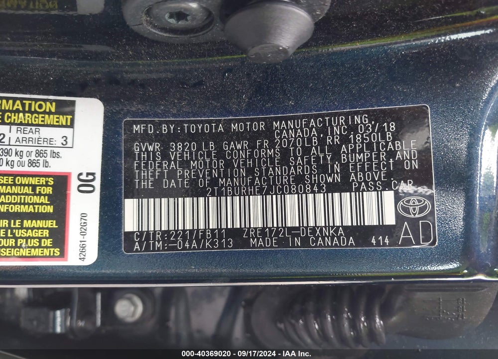 2018 TOYOTA COROLLA LE VIN: 2T1BURHE7JC080843