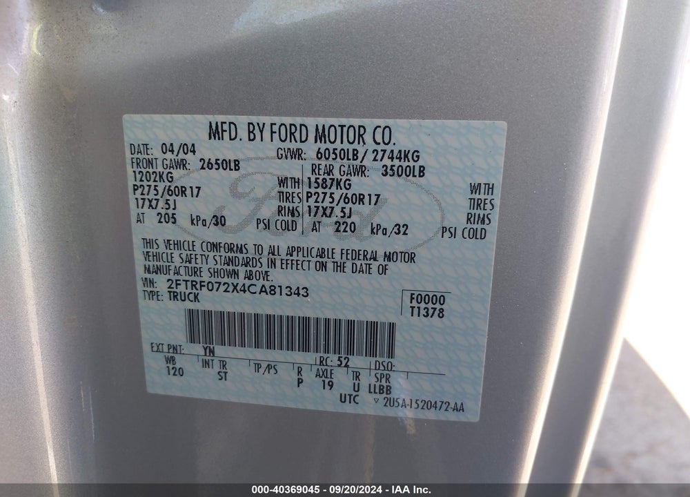 2004 FORD F-150 HERITAGE XL/XLT VIN: 2FTRF072X4CA81343