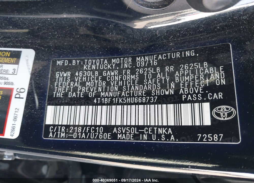 2017 TOYOTA CAMRY LE VIN: 4T1BF1FK5HU668737