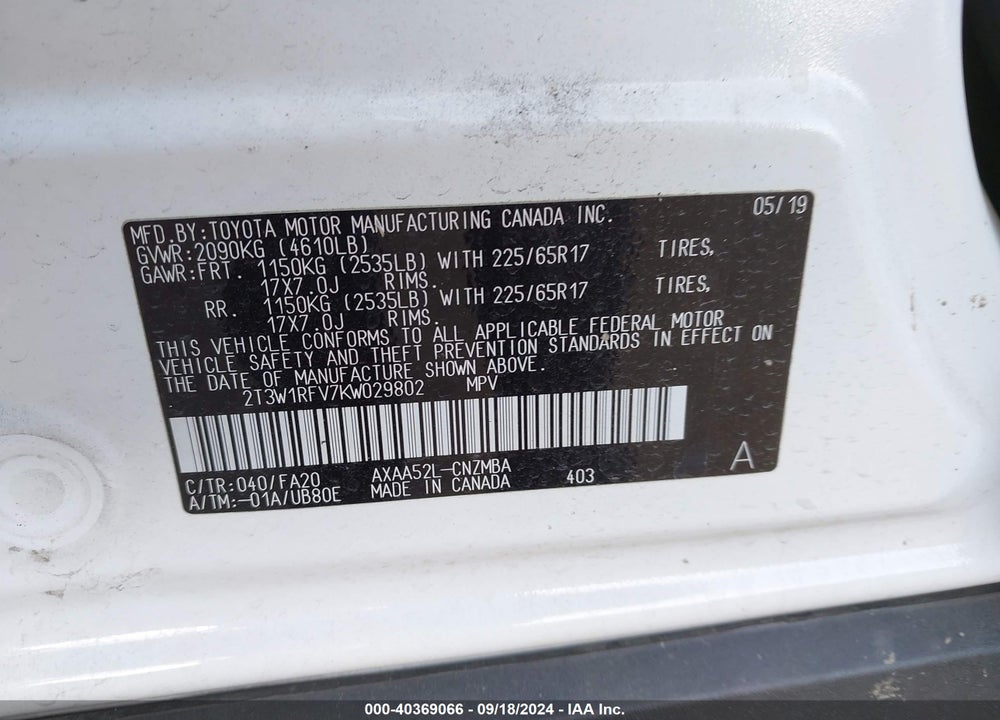 2019 TOYOTA RAV4 XLE VIN: 2T3W1RFV7KW029802
