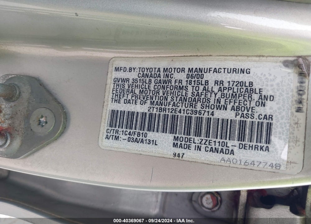 2001 TOYOTA COROLLA CE VIN: 2T1BR12E41C396714