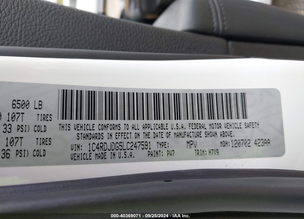2020 DODGE DURANGO GT AWD VIN: 1C4RDJDG5LC247591