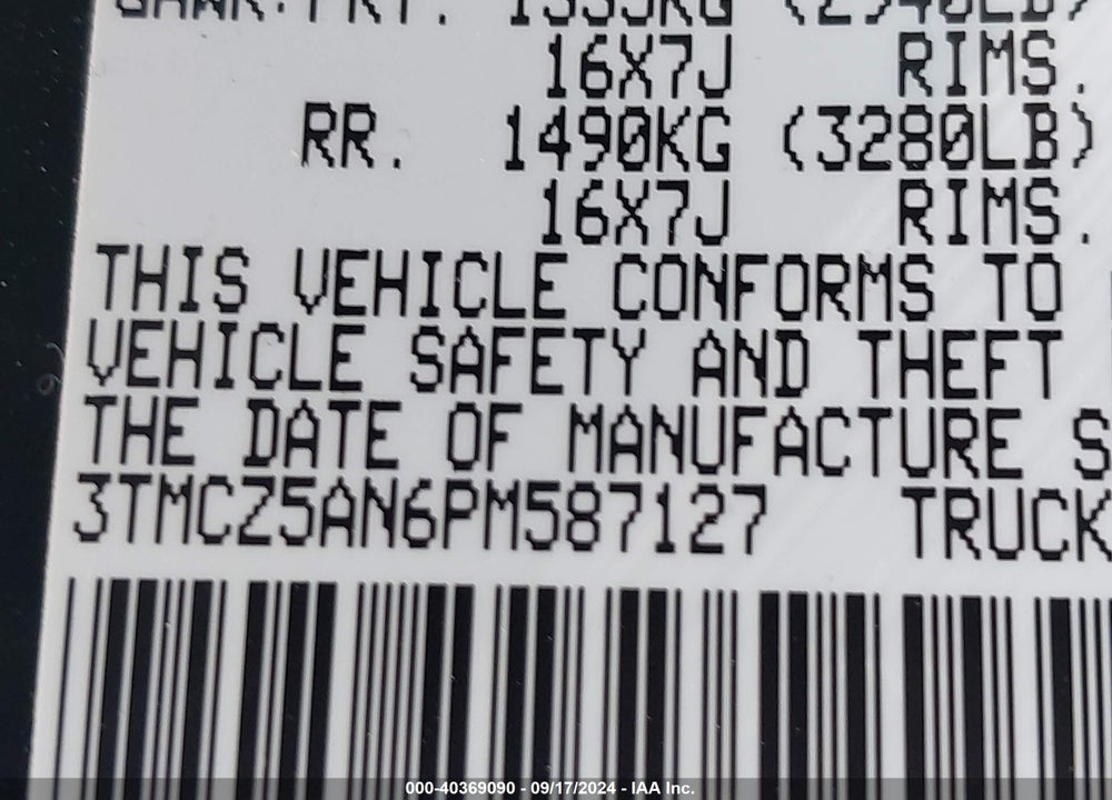 2023 TOYOTA TACOMA TRD OFF ROAD VIN: 3TMCZ5AN6PM587127